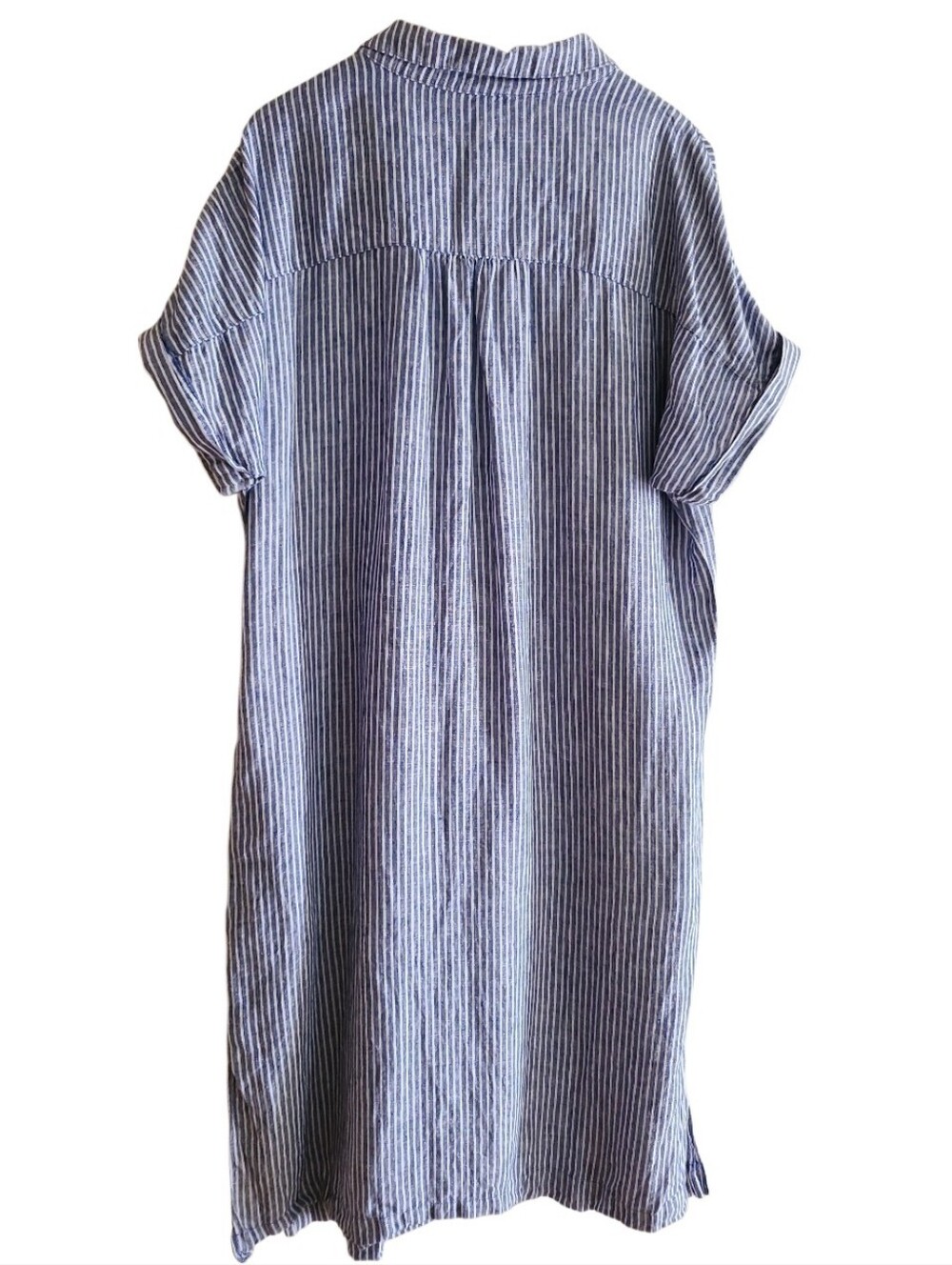 Talbots Petite Drop Waist 100% Linen Stripe Shirt Dress Blue White - Picture 11 of 17